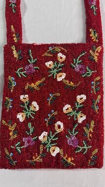 Vintage Christiana Red Beaded Floral Shoulder Bag Purse Hand Beaded India